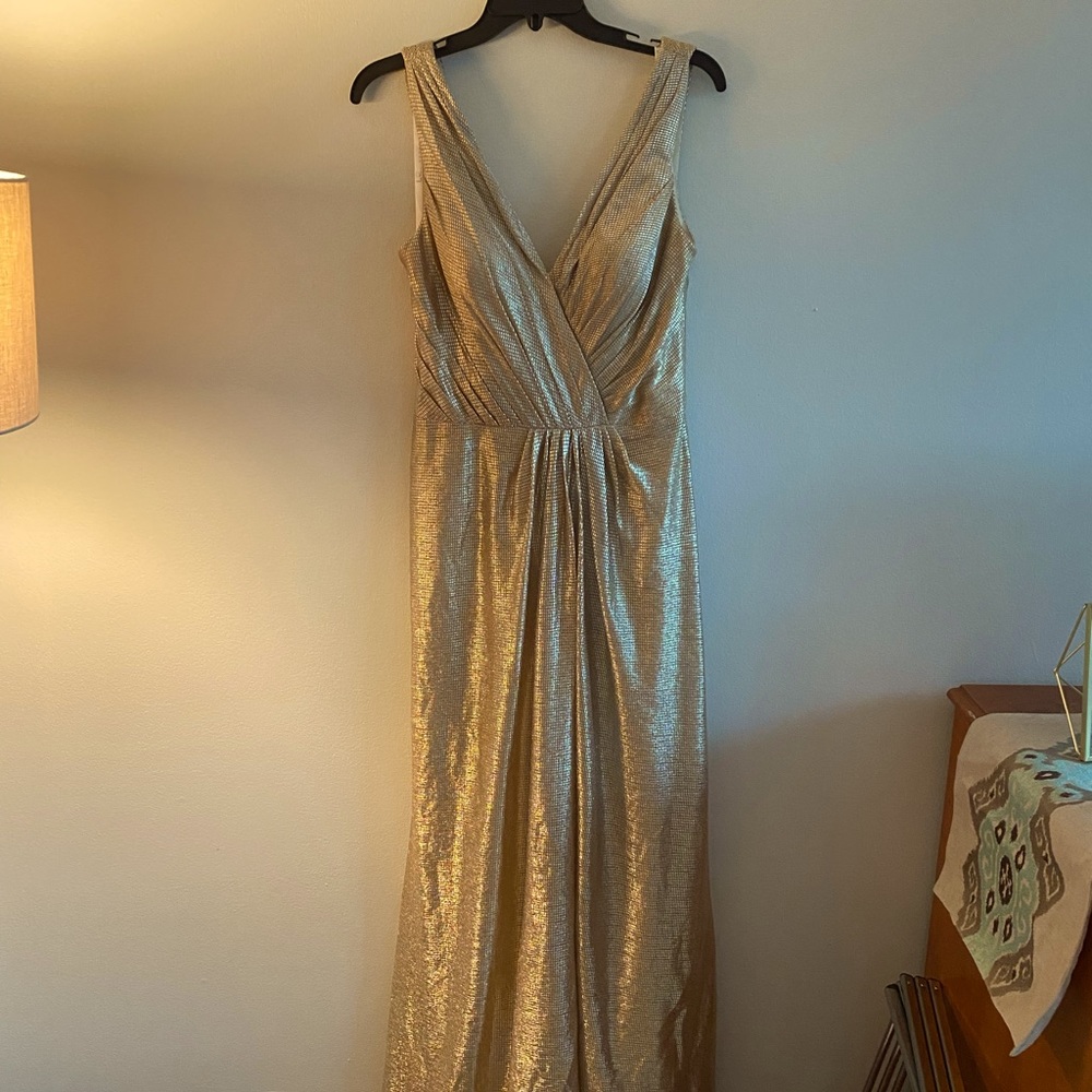 Gold Haley Paige bridesmaid gown